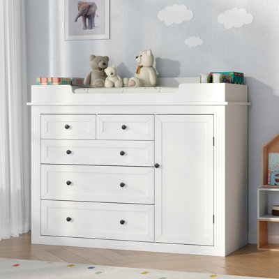 Table à langer pour bébé, table à langer pour chambre de bébé de 47 po avec 5 tiroirs et armoire réglable, table à langer anti-basculement pour chambre de bébé