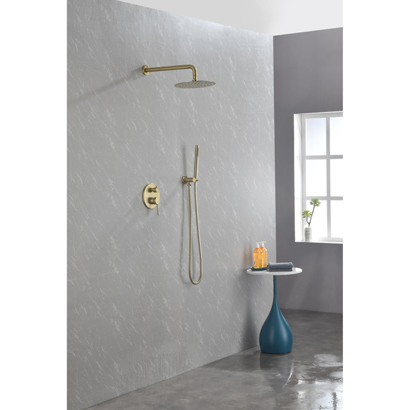 Bathroom Shower In Brushed Gold, With High 10" Stainless Steel Rain Head And Handheld For Bathroom, Handheld, Gold
