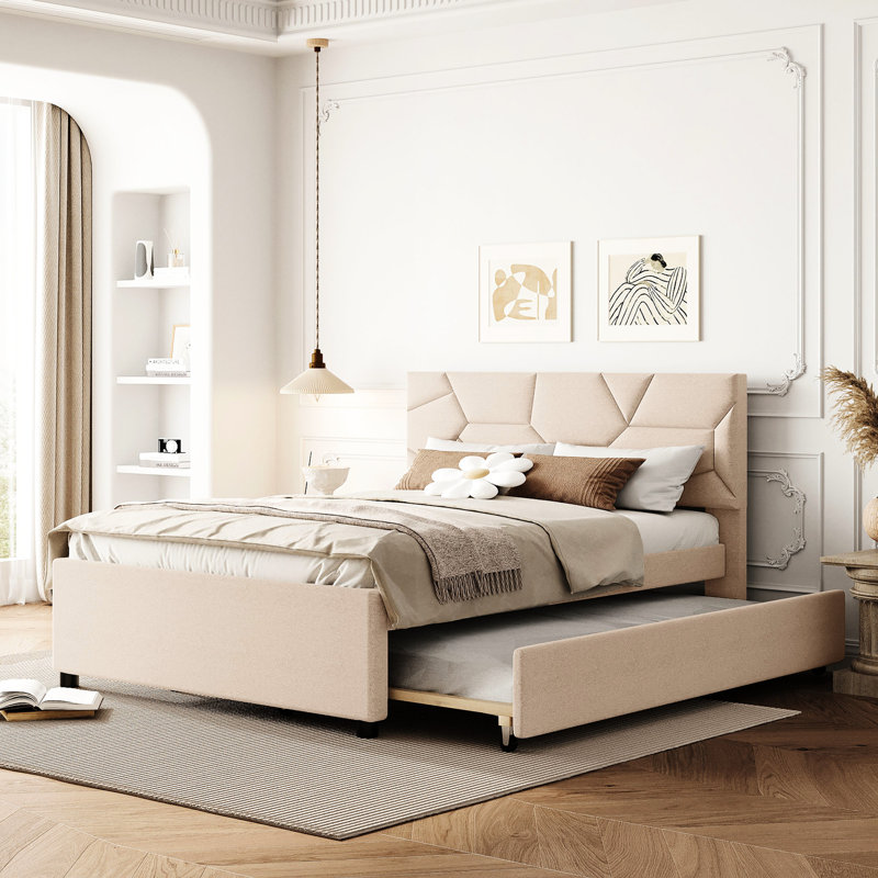 Lit tapissier moderne avec tête de lit à motif de briques et lit gigogne simple en lin beige