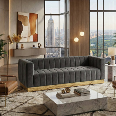 Foxy Luxury Velvet Couch with Brass Trim, 87" W, Fully Assembled