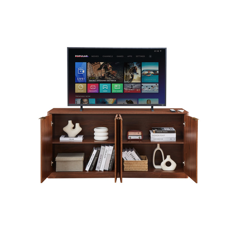 59-Inch Modern Wavy Sideboard, Curved Contour Design Storage Cabinet, 4-Door Cabinet With Storage Function, Suitable For Kitchen/Bedroom/Living Room, Walnut, 59.0"L X 15.7"W X 27.7"H