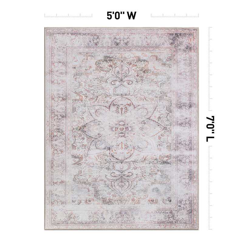 Louisa Machine Washable Oriental Performance Cream/Gray/Brown Area Rug, Rectangle 5' x 7'