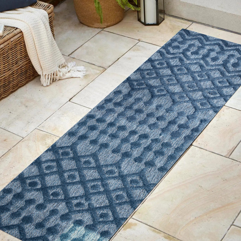 Adalbern Moroccan Diamond Navy Indoor/Outdoor Rug, Runner 2'2" x 8'