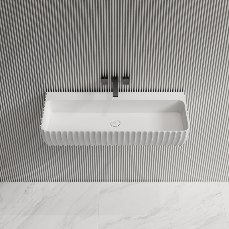 MonBlari 39" X 18" Rectangle Fluted Wall Mount Sink Bathroom Sink Matte White