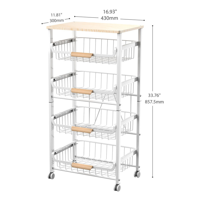 5-Tier Pull-Out Metal Storage Cart with Wooden Top, Sliding Baskets, Handle, and Rolling Wheels