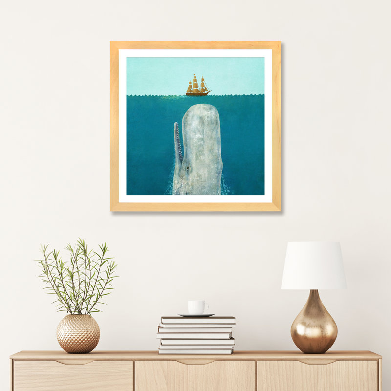 «The Whale Square» par Terry Fan, H 24 po x l 24 po x p 1 po, Papier beaux-arts encadré bois naturel