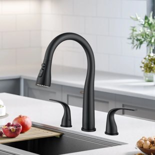 High Arc Kitchen Sink Faucet Kitchen Faucet 3 Holes With Pull Down Spray Head, 2 Handles With 3 Function Spray Heads, Stainless Steel