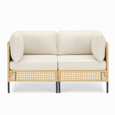 Outdoor Natural Wicker Sofa Boho Patio Sectional Loveseat Furniture Set With Beige Csuhions