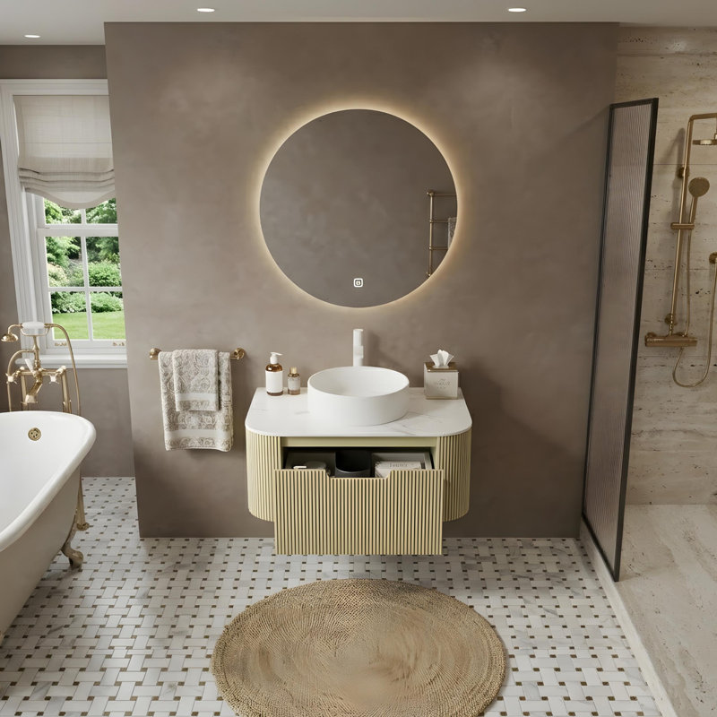 Armoire de salle de bain rayée avec lavabo rond en céramique blanche, 30"