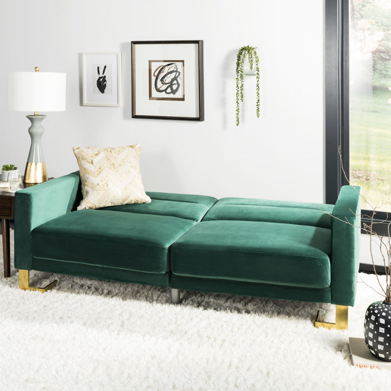 Hayasdan Full / Double 77.1'' Velvet Convertible Sofa, Emerald/Brass