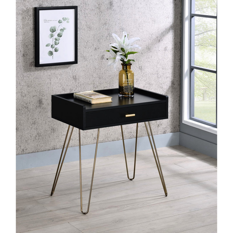 Table d'appoint noire avec pieds en épingle à cheveux en cuivre et tiroir compact, 23,5 po Mid-Century mat, tiroir 23,5 po