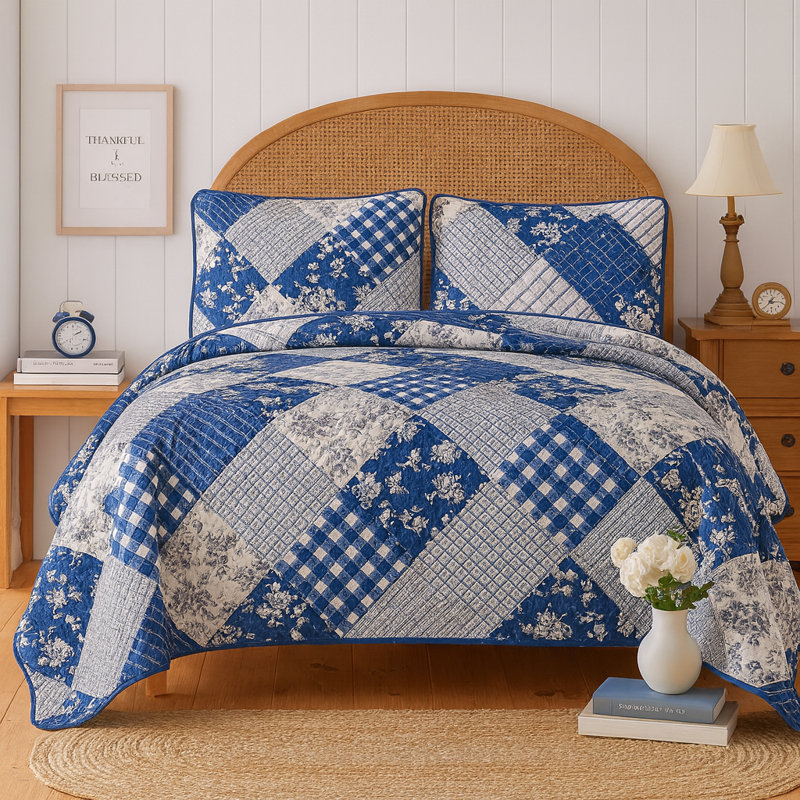 Modern & Contemporary Sateen Quilted Floral Quilt, Queen Quilt + 2 Shams