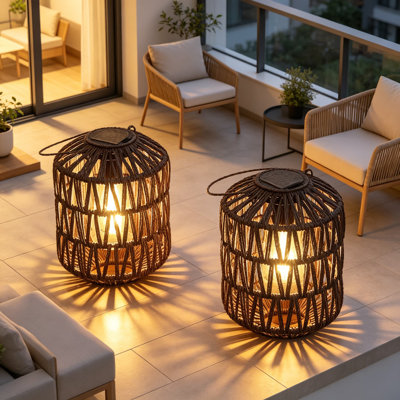 Rattan Outdoor Solar Lanterns, 2 Pack Waterproof Solar Lights For Garden, Patio Table Lamp, Hanging Lantern For Yard, Tree, Tabletop Decoration, Auto ON/OFF, Handmade Plastic Rattan With Metal Frame