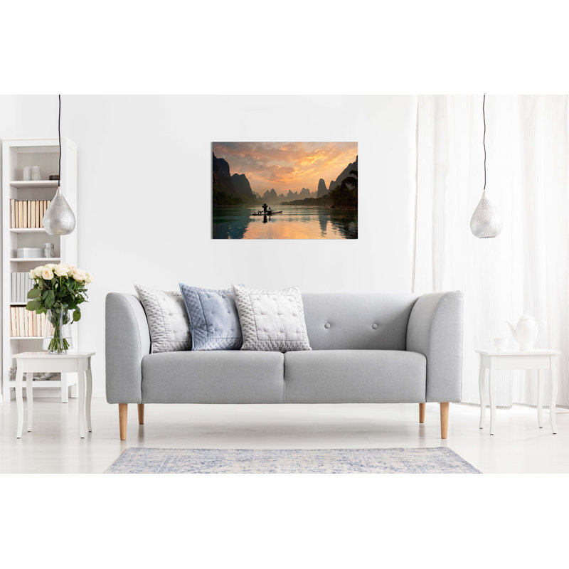 Golden Sunset Li Jiang River - Wrapped Canvas Print, 41cm H x 61cm W x 3cm D