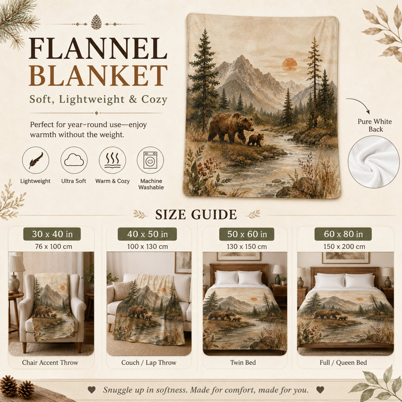 Plaid en flanelle « Ours et son ourson au coucher du soleil », avec ruisseau de montagne, forêt de pins et prairie d'automne, paysage animalier à l'aquarelle, pour canapé, lit ou chalet, 152 x 203 cm