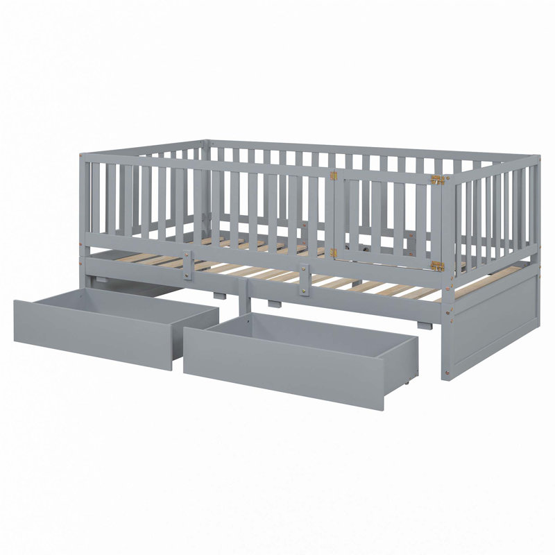 Daybed with Fence Guardrails and 2 Drawers, Twin, Grey