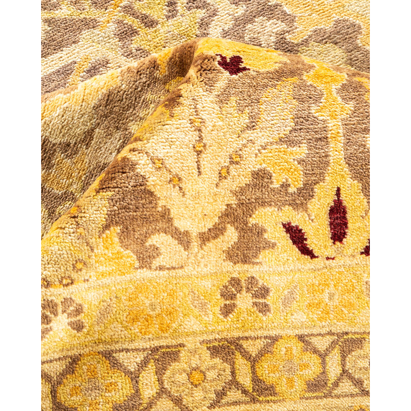 Tapis jaune / brun en laine nouée à la main 9 pi 1 po x 11 pi 10 po New Age Rugen