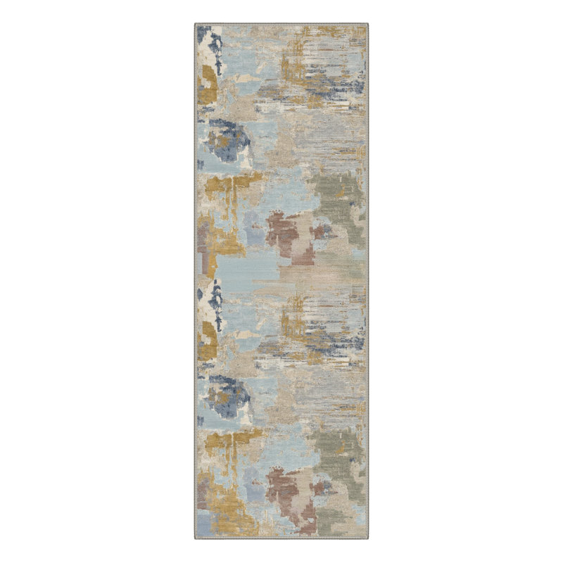 Abstract Brush Strokes Machine Washable Slate Neutral Indoor Area Rug With Non-Slip Backing, Runner 2' x 7'