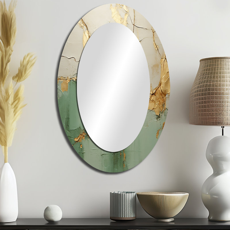 Green Gold Minimalism Poteries - Modern Oval Wall Mirror, 36" x 24"