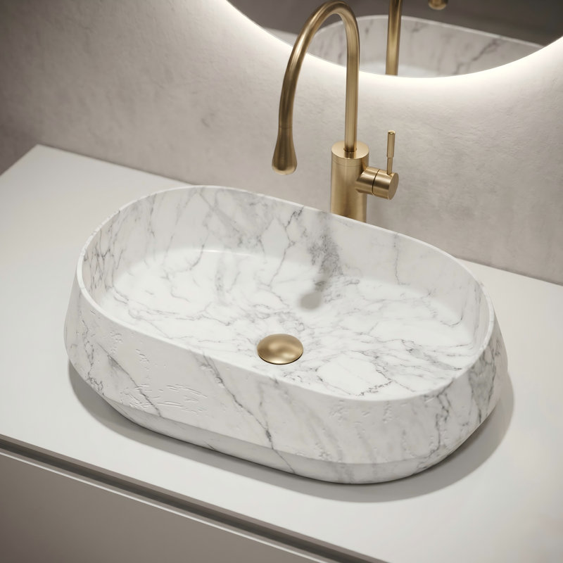 22'' Solid Surface Oval Vessel Sink With Carrara-Pattern And Geometric Outer Walls