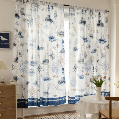 2Pcs Nautical Curtains, Light Filtering Fabric, Sailing Boat Lighthouse and Compass Print, Sunshade Privacy Protection, Rod-Pocket Design, Suitable for Living Room, Bedroom, Balcony, Kitchen Home Decoration