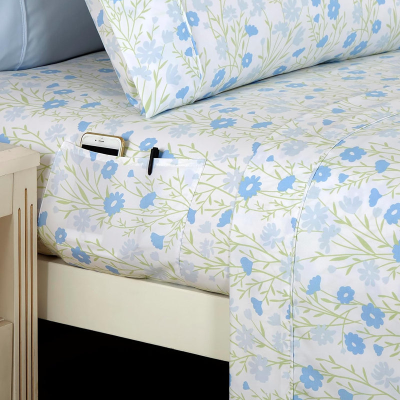 Polyester Floral Sheet Set, Twin XL Sheet Set + 1 Fitted Sheet + 2 Pillowcases
