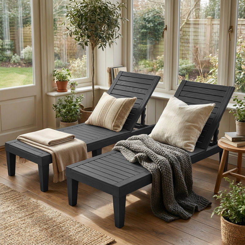 74.56"L Adjustable Outdoor Resin Chaise Lounge Chair(Black), Black