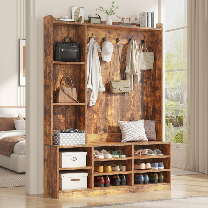 Hall Tree with Storage Bench, 5-in-1 Entryway Bench with Coat Rack, Adjustable Shoe Storage, Hanging Hooks, Shoe Organizer for Entryway, White