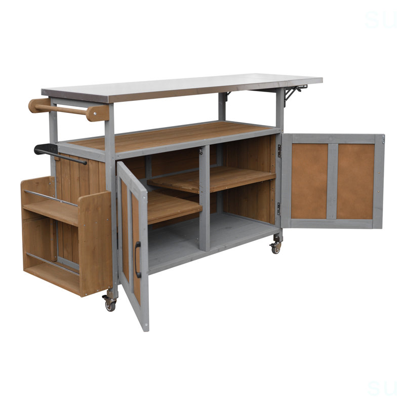 Foldable Outdoor Kitchen Island Patio Mobile Kitchen Cart Portable Outdoor Cooking Island With Lockable Wheels, Storage Cabinet And Towel Rack For Patio And Outdoor
