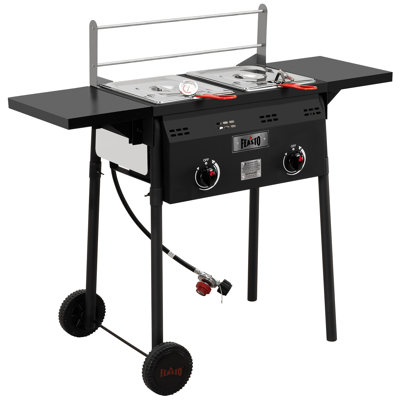 Feasto 4 Gallon Dual Tank Propane Gas Deep Fryer Cart with Foldable Side Tables, Stainless Steel for Outdoor Cooking