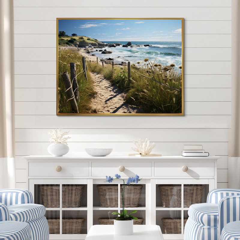 Paysage de plage Whittman Path sur toile, Cadre flottant doré, H 12 po x l 20 po x P 1 po