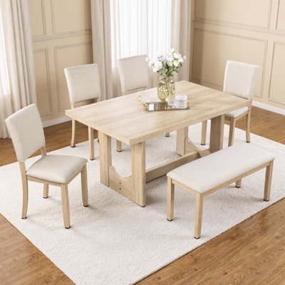 Ensemble de salle à manger 6 pièces en chêne clair, table de 57 po avec base en U + banc + 4 chaises beiges, sièges 6, capuchon de 330 lb