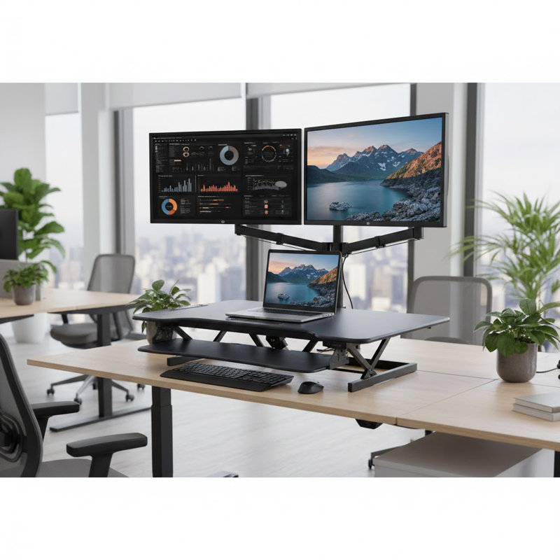  Convertisseur de bureau électrique debout 46 po avec prise CA, prise USB, support de moniteur triple et plateau pour clavier 46 po