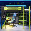 Lit mezzanine double en bois avec bureau, tablettes, prise de courant et ports USB / Type-C, lumière RVB, noir et vert, 2 pièces