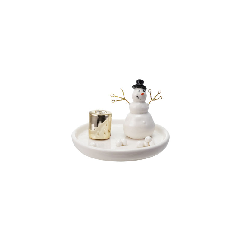 Porte-bougie bonhomme de neige en grès et en fil métallique