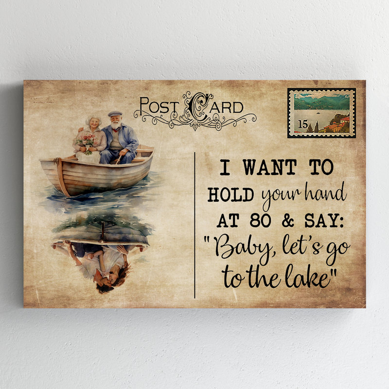 «Old Couple With Lake On Post card - Baby, Let's Go To The Lake», reproduction d'art graphique sur toile tendue