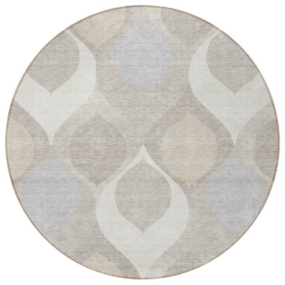 8' Ivory Beige Round Ogee Washable Indoor Outdoor Area Rug