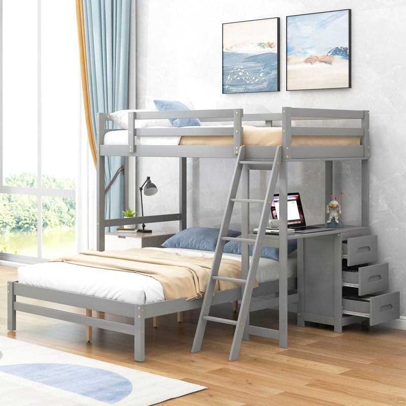 Lit superposé simple au dessus d'un lit double avec bureau intégré et trois tiroirs, Gris