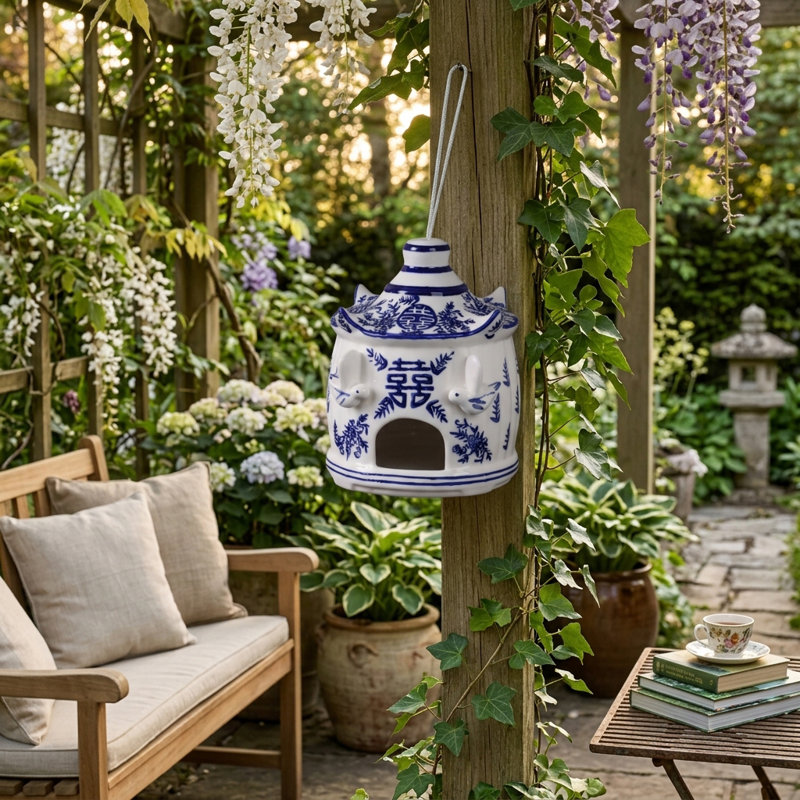 Sagebrook Home 8X7" Chinoiserie Large Pagoda Bird House, White/Blue