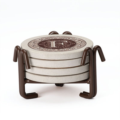 Ophelia & Co. 4 Pack Monogram Sandstone Coasters in Bronze Iron Ram Coaster Holder