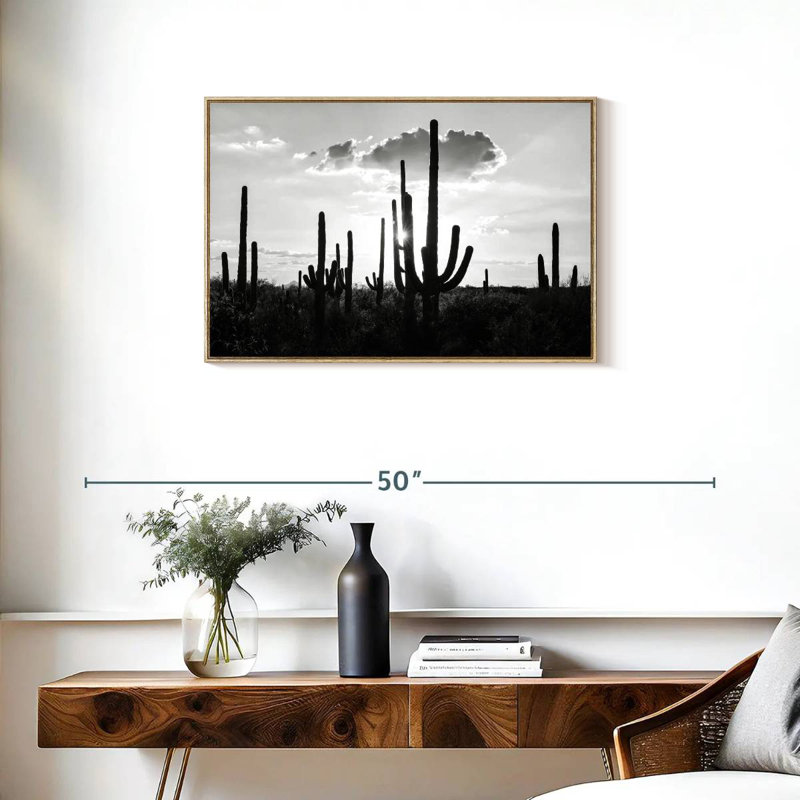 Arizona noir - Silhouettes de cactus, Cadre flottant en bois naturel, 31 po x 21 po