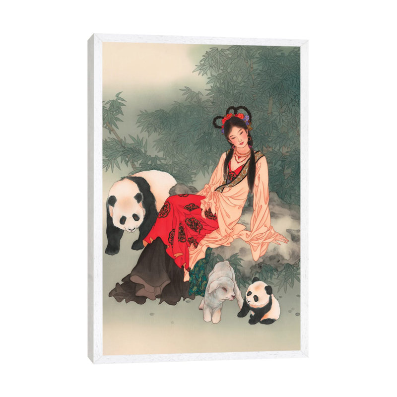 Pandas Of Wolong - Painting on Canvas, 66.04 cm H x 45.72 cm W, White Framed