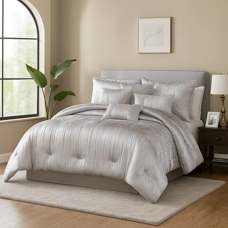 Ensemble d'édredon en tissu argenté 7 pièces , Édredon de très grande taille et 6 pièces suppl