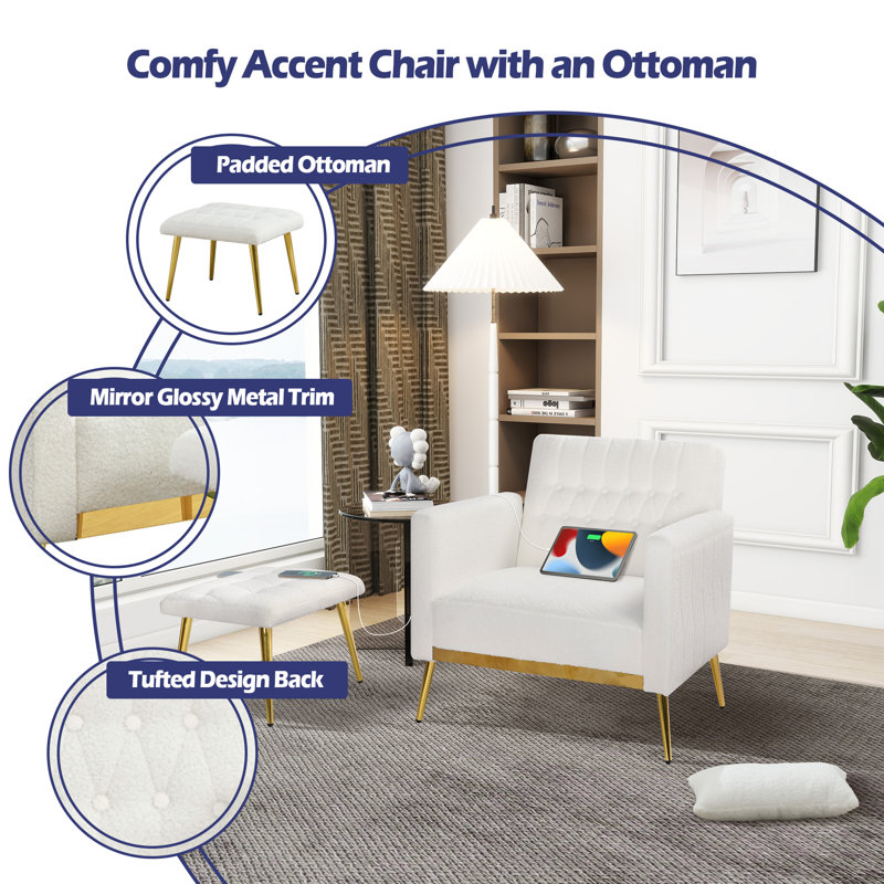 Velvet Armchair with Footstool, White