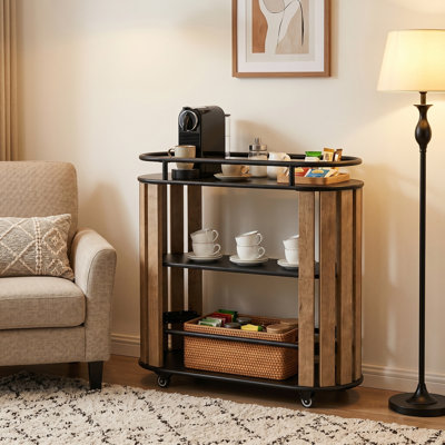 3-Tier Metal Rolling Kitchen Cart, Industrial Kitchen Island Cart with Wrap-Around Rails for Home Bar, Kitchen & Dining Room, Easy Assembly