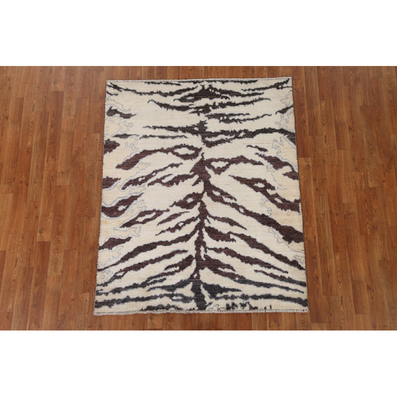 Tapis ivoire en laine noué à la main de conception unique 3 pi 11 po x 4 pi 10 po New Age