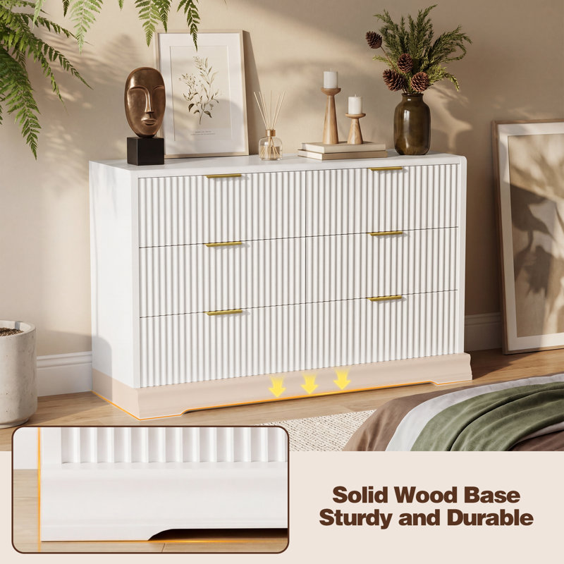 Fluted 6-Drawer Dresser with Solid Wood Base, White