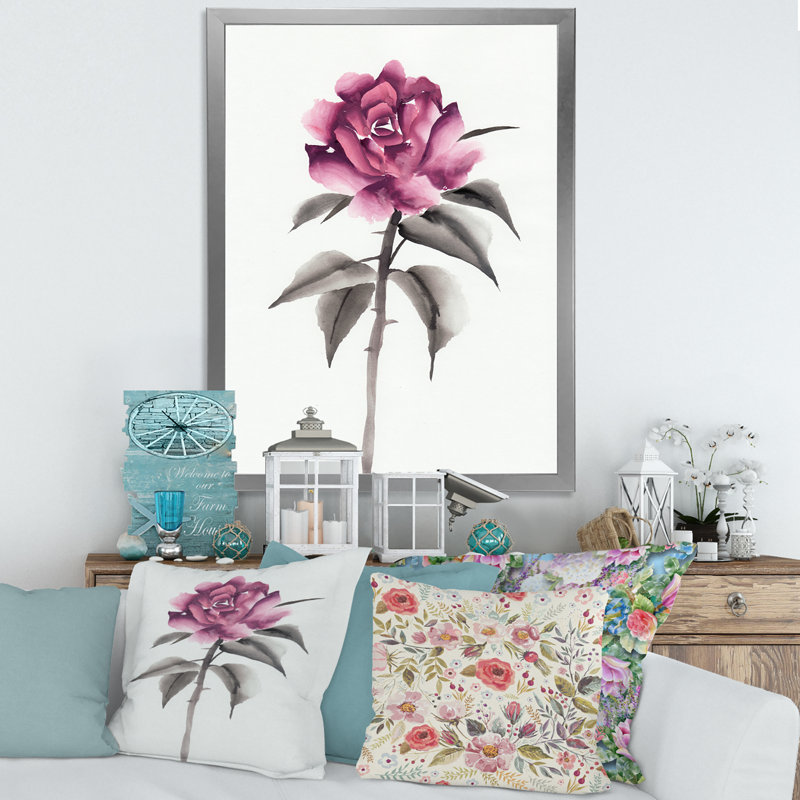Fleur rose rétro - peinture sur toile, Toile avec cadre argenté, H 32 po x l 24 po x 1,5 po