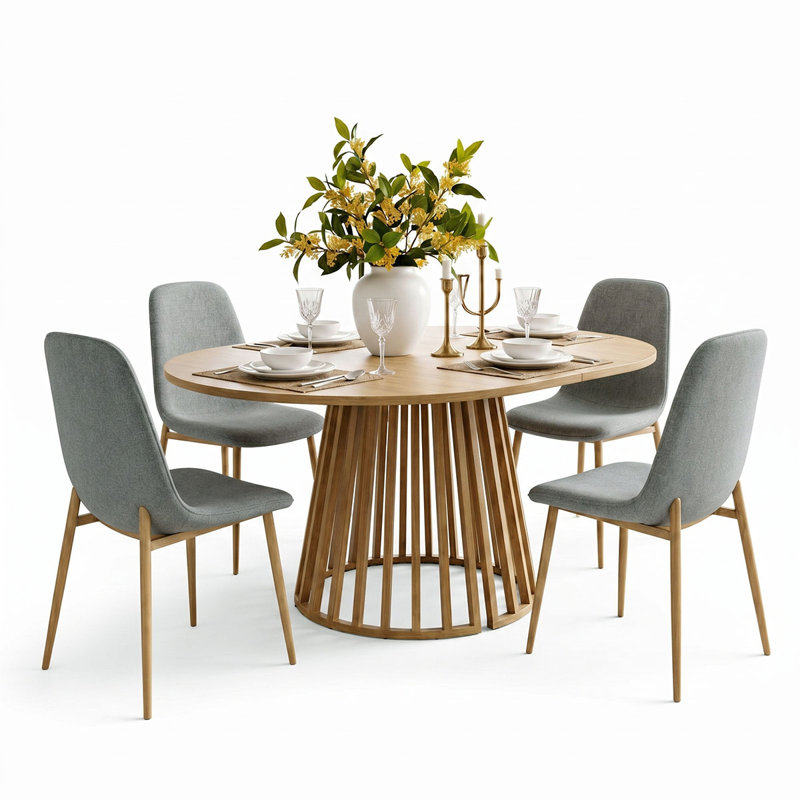 4- Person Dining Table Sets With Extendabe Oval Table & 4 Upholstered Dining Chairs, Gray