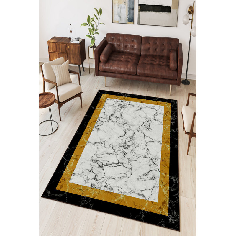 Tapis antibactérien de qualité supérieure, 3,9 x 5,9 pieds, noir et jaune | 100% polyester, 650 g / m², hauteur des poils de 0,2 po | Pois en PVC lavable à la machine, écologique et antidérapant | Parfait pour le salon et la chambre à coucher